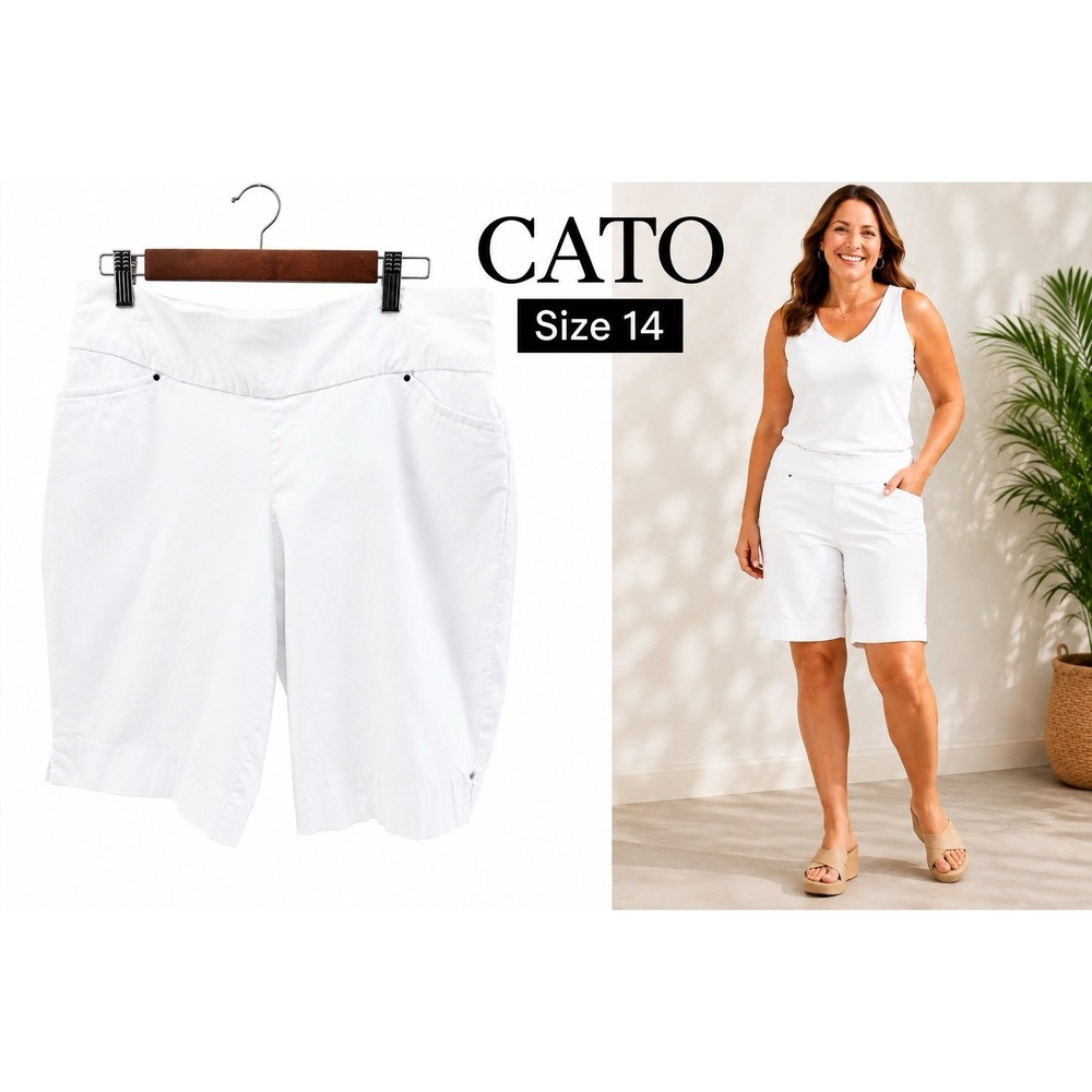 Cato White Mid Rise Bermuda Shorts Women's Size 14 Stretch Pull On Pockets